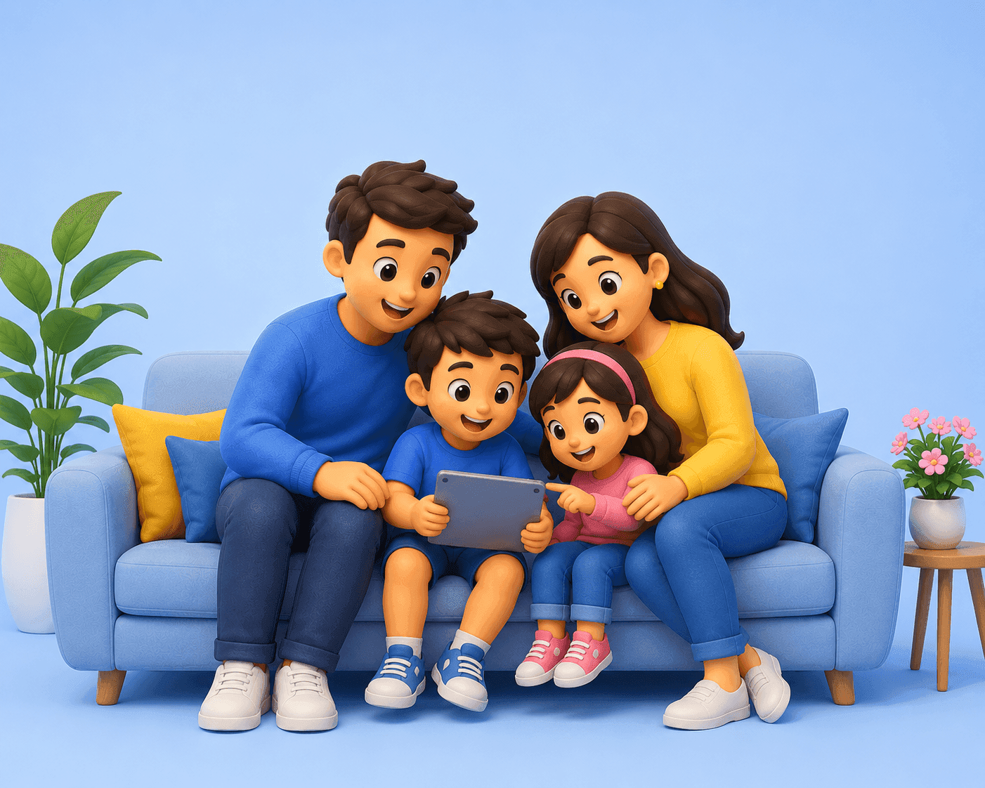 3D illustration of a family sharing a tablet together on a couch