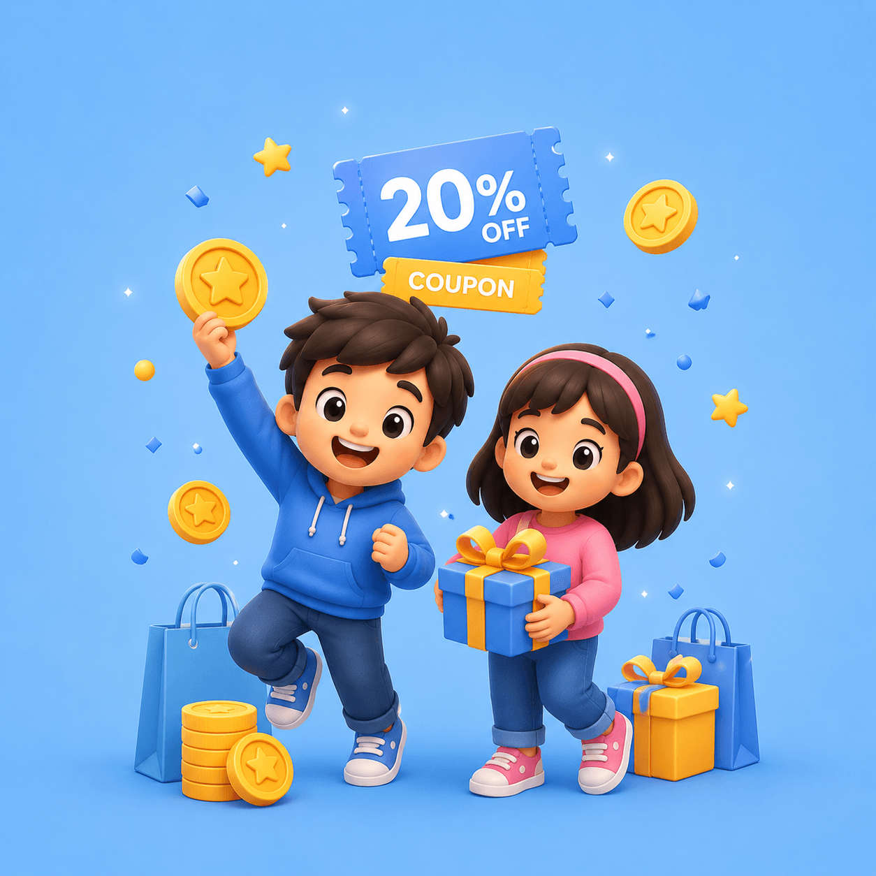 3D illustration of two children celebrating with gifts and reward coins