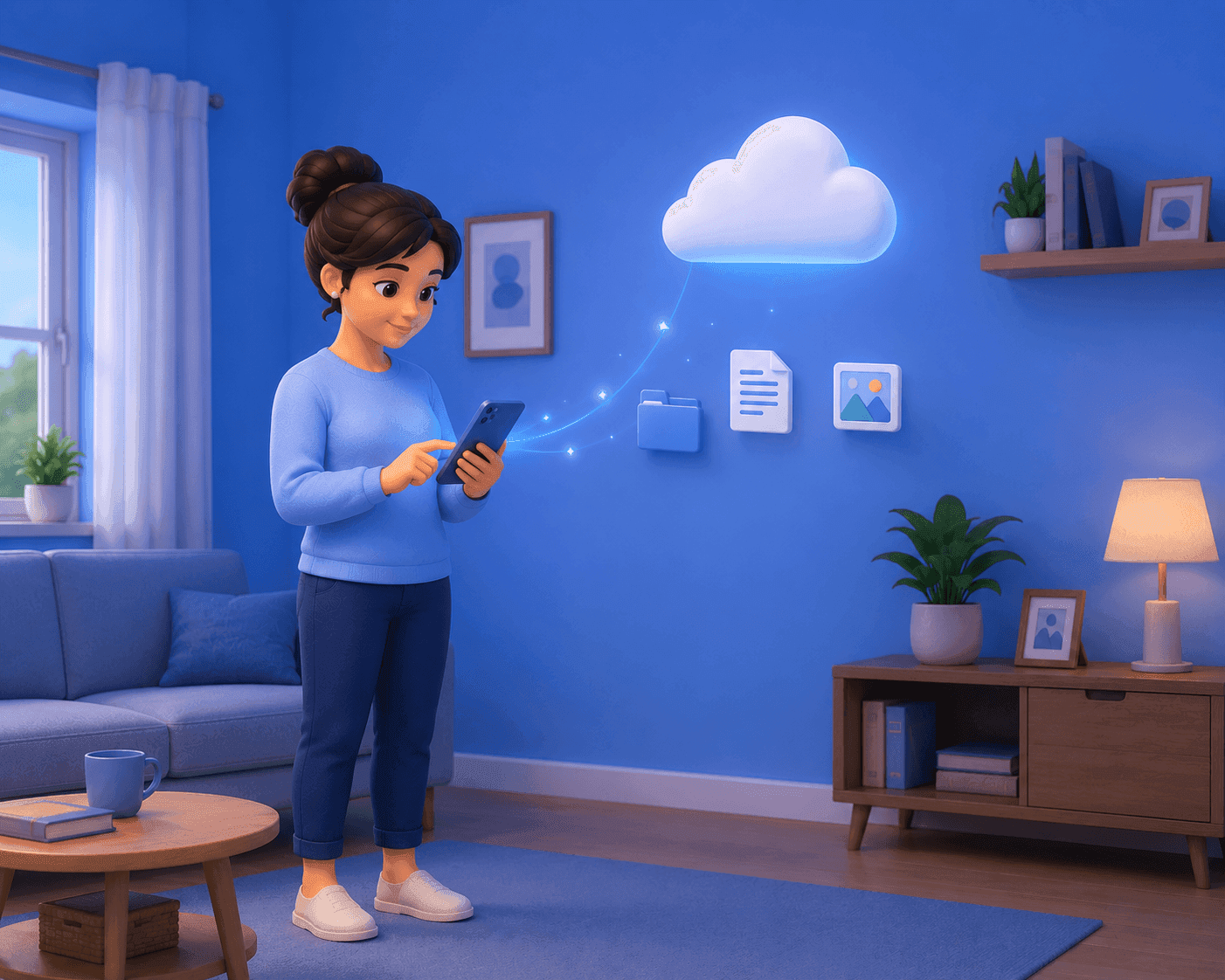 3D illustration of files and settings syncing from a phone to the cloud in real time