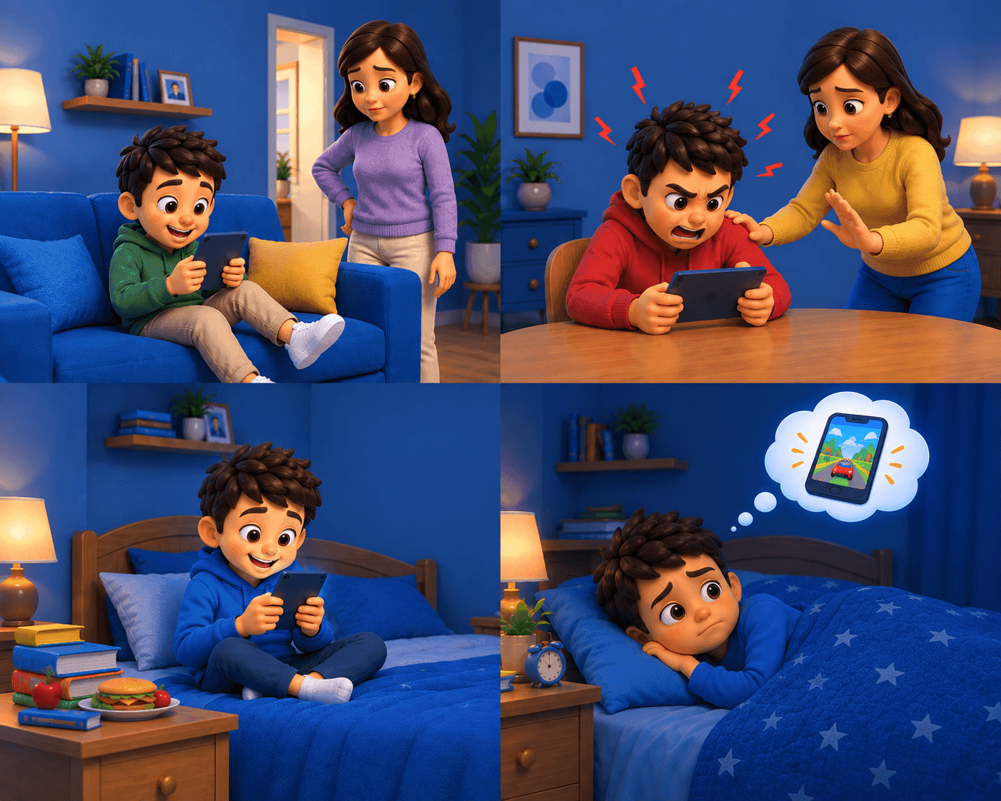 Four panel 3D illustration of screen overuse warning signs: a child fixed on a tablet as a parent looks on, an angry outburst when interrupted, a child on the bed ignoring food and books for a phone, and a child lying awake at night craving a game