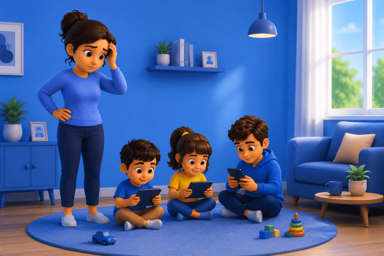 3D illustration of three children sitting on a rug, each absorbed in a phone or tablet, while a worried parent stands over them